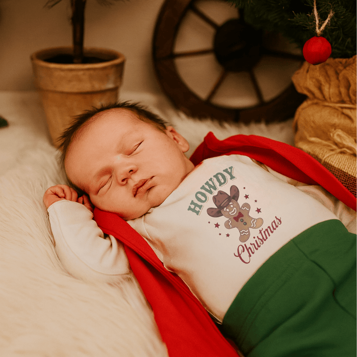 Baby long sleeve graphic bodysuit | howdy gingerbread christmas finn + emma