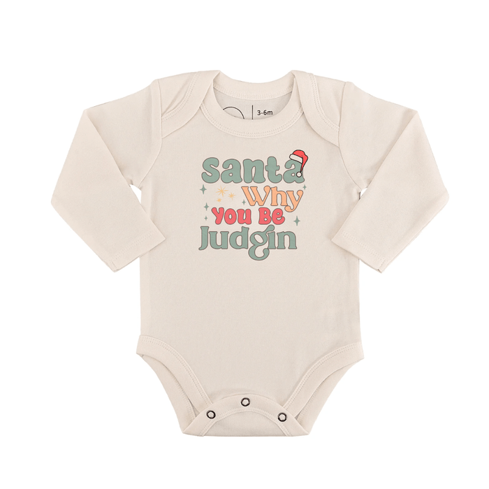Baby long sleeve graphic bodysuit | why be judgin finn + emma