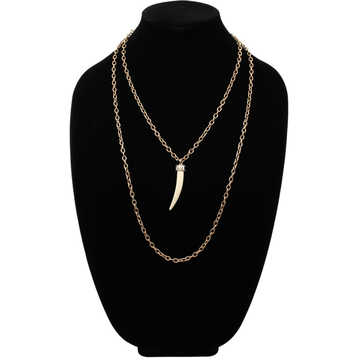 tusk-shaped pendants, crafted from synthetic polymer, hang gracefully from mixed metal design chain necklaces of silver and bronze, displayed side by side on a white background.