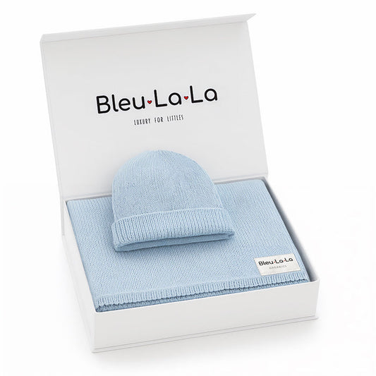 Baby Luxe Collection 100% Organic Cotton Luxury Knit Baby Blanket + Hat Set with Gift Box Bleu La La
