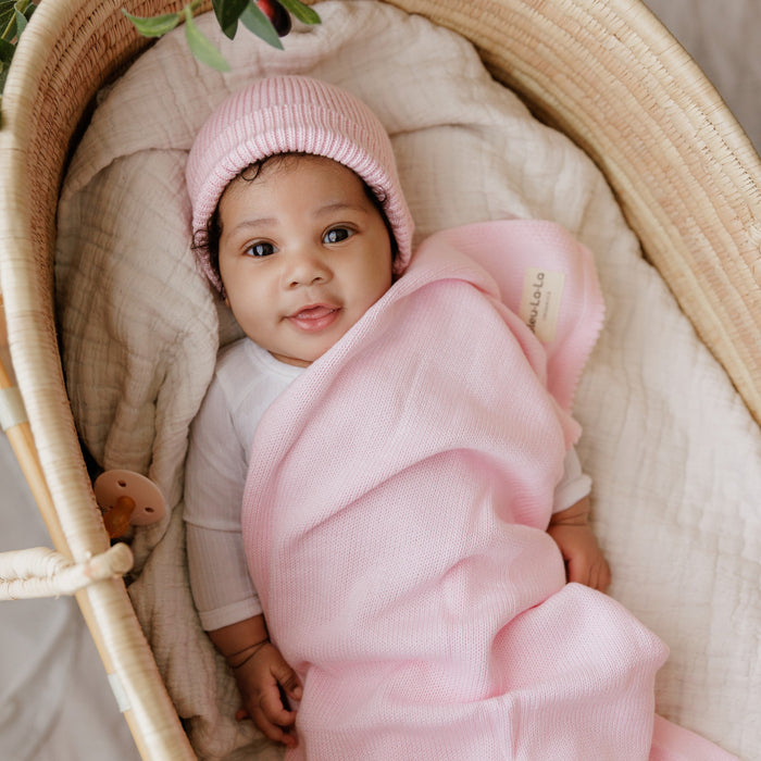 Baby Luxe Collection 100% Organic Cotton Luxury Knit Baby Blanket + Hat Set with Gift Box Bleu La La