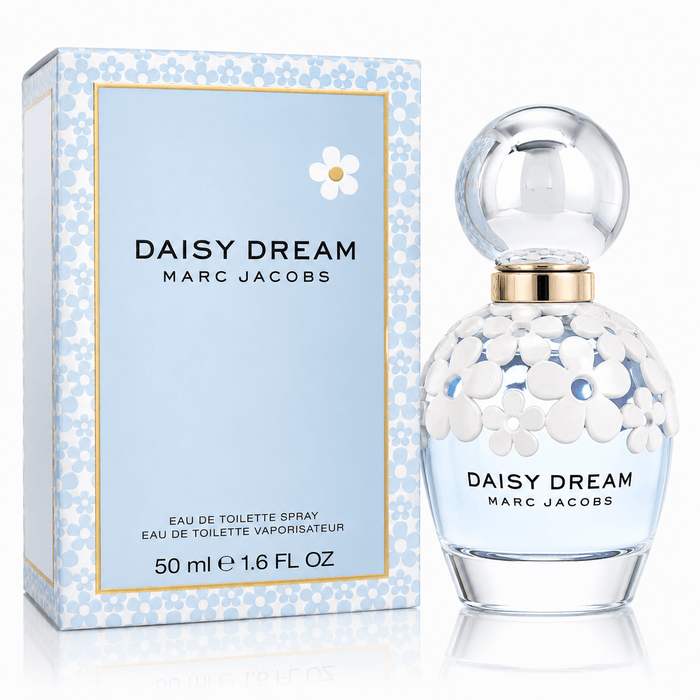 Marc Jacobs Daisy Dream EDT Women perfume with a clear round bottle, white daisy details, pale blue accents and matching patterned box