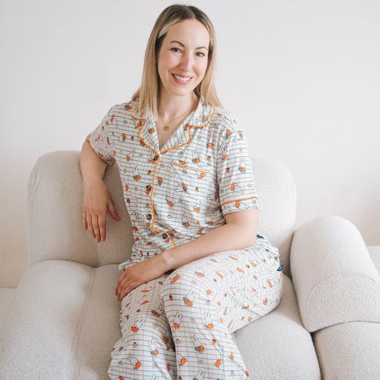 Woman wearing the Ladies Miffy Checkered Bloom bamboo pyjama set