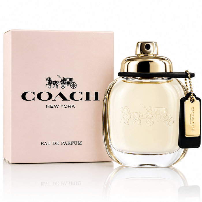 Coach New York EDP perfume in a clear glass bottle with gold trim, black accents and a pale pink box