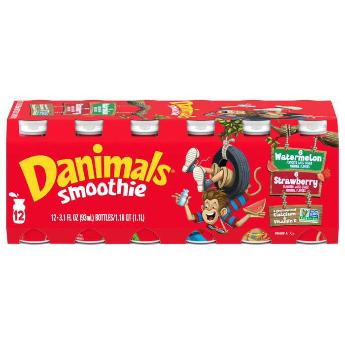 Paquete múltiple de bebidas lácteas Danimals Smoothie Strawberry Explosion y Wild Watermelon, 12 unidades, botellas de smoothie de 3.1 oz.