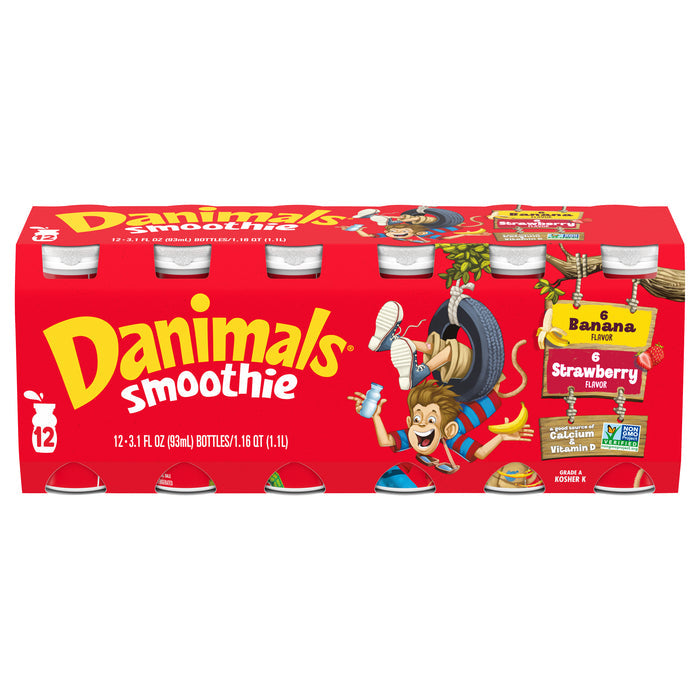 Paquete variado de batidos Danimals sabor Explosión de Fresa y Banana Split, botellas de 90 ml (3.1 oz), 12 unidades