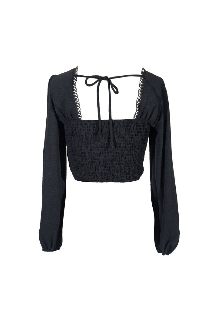 Peasant-Sleeve Lace-Trim Crop Top