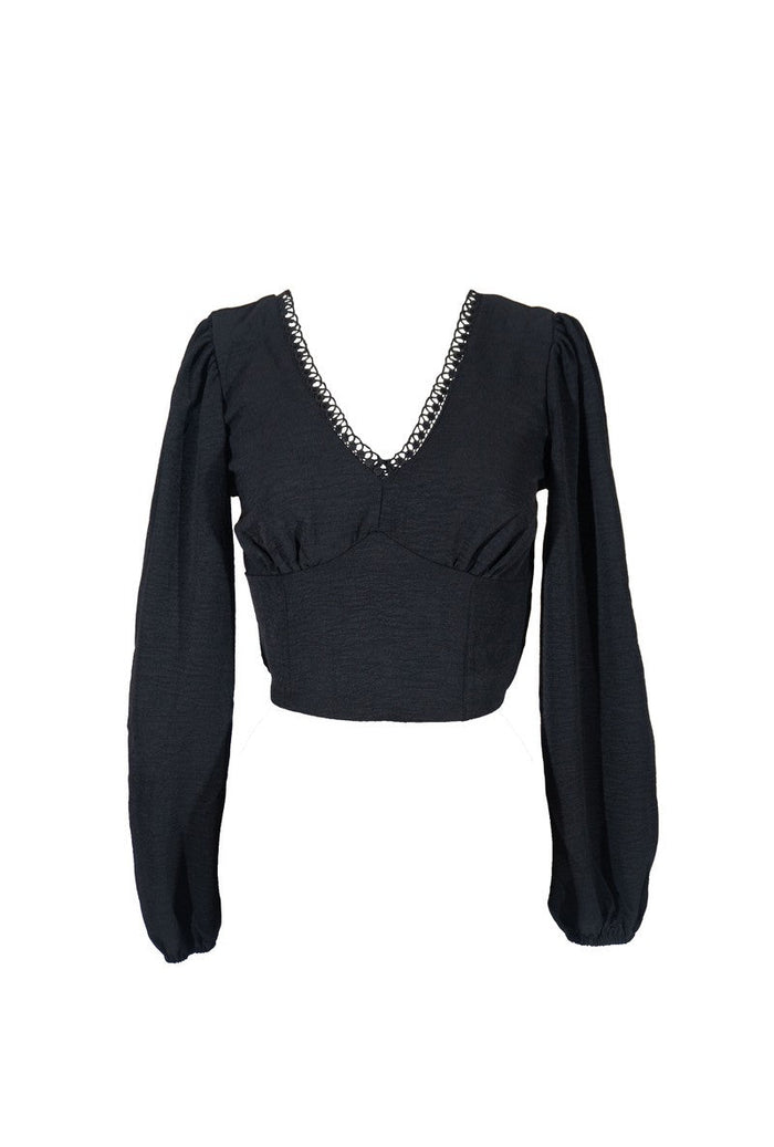 Peasant-Sleeve Lace-Trim Crop Top