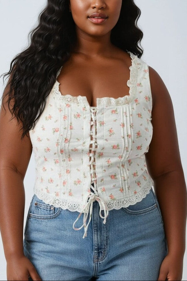 Plus Size Floral Tie-Front Lace Trim Top