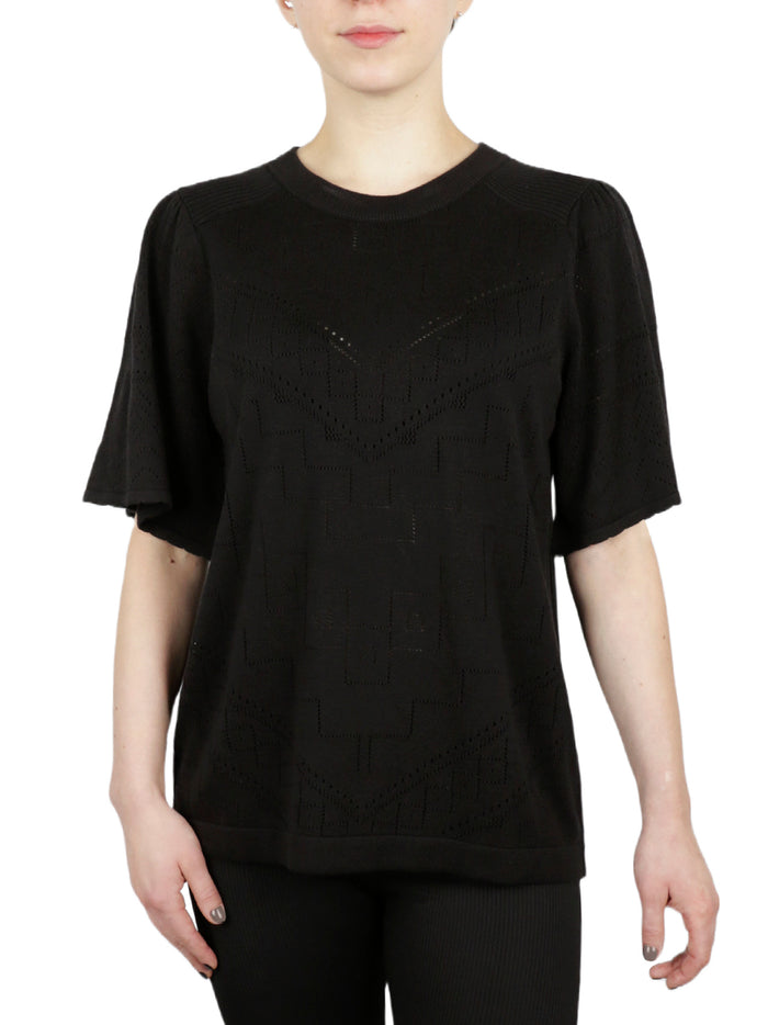 Pointelle With Puff Flare Sleeves Sweater