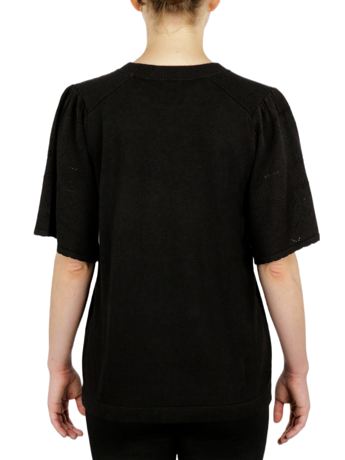 Pointelle With Puff Flare Sleeves Sweater