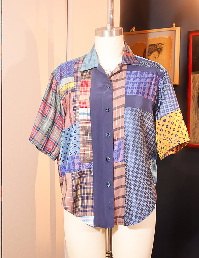 Print Silk Patchwork Button Down Shirt LARGE