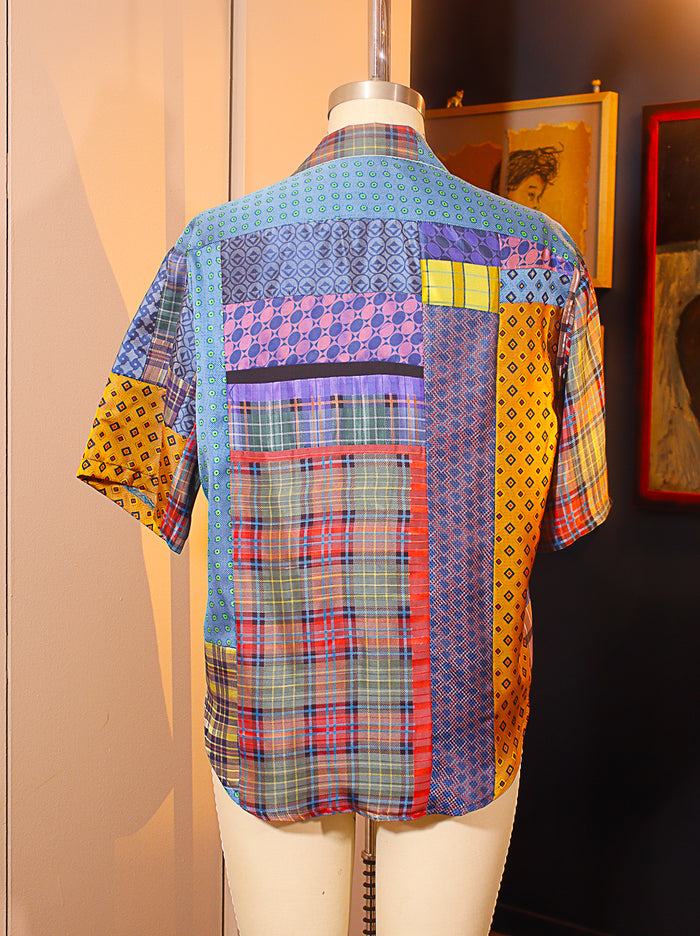 Print Silk Patchwork Button Down Shirt LARGE