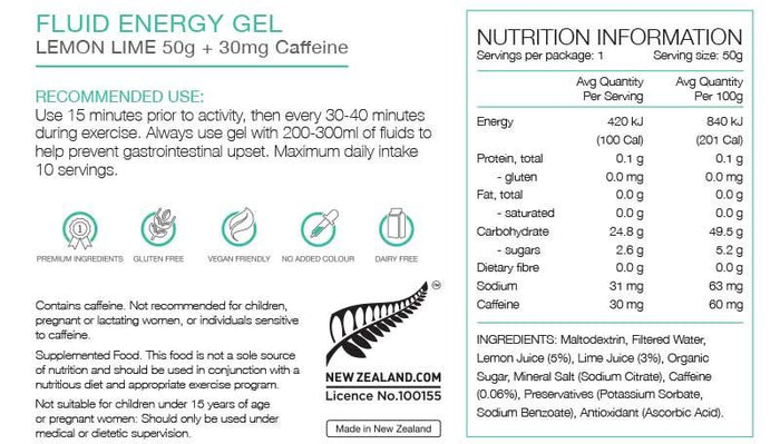 PURE Fluid Energy Gels - Lemon Lime with Caffeine 50G