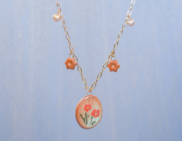 Red Daisies Oval Necklace