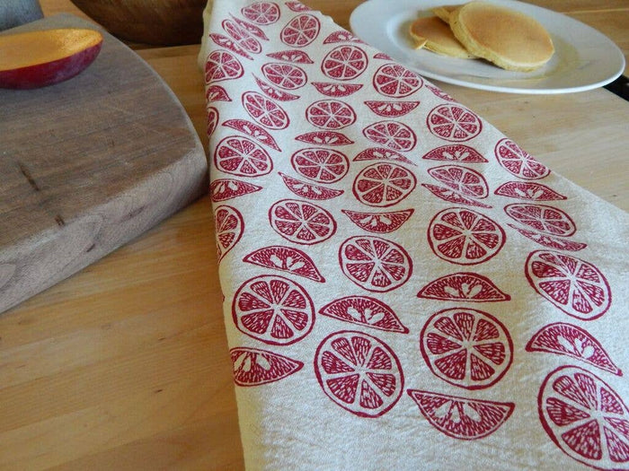 Red Grapefruit Citrus Kitchen Towel, Handprinted Tea Towel