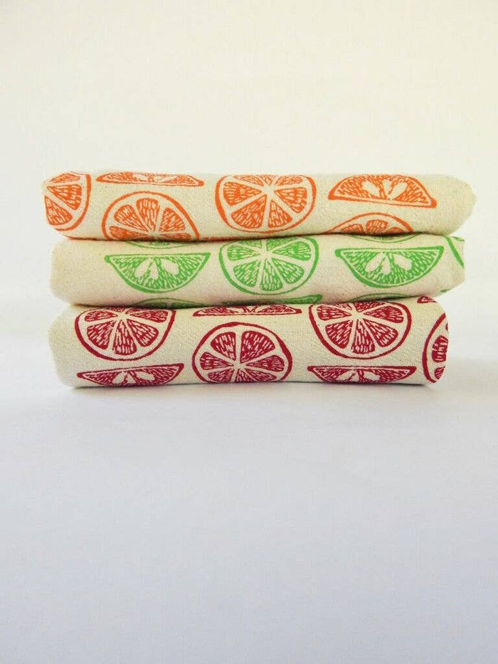 Red Grapefruit Citrus Kitchen Towel, Handprinted Tea Towel
