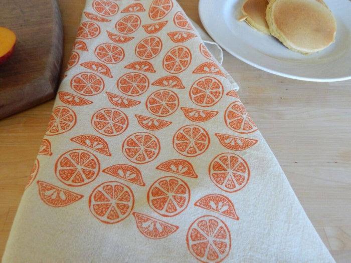 Red Grapefruit Citrus Kitchen Towel, Handprinted Tea Towel