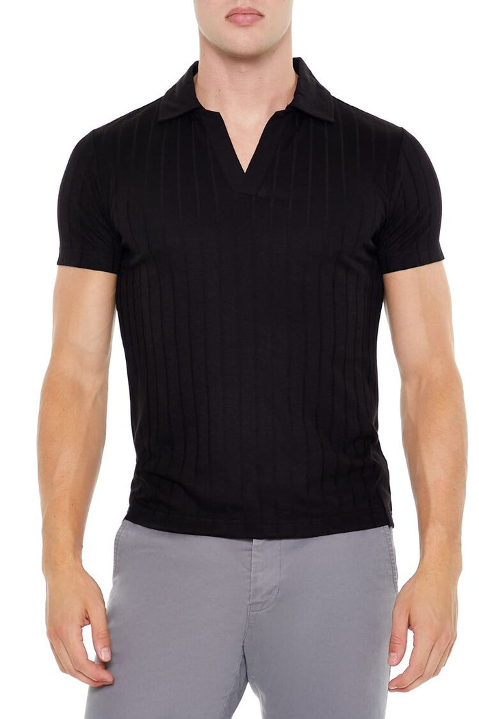 Ribbed Open V-Neck Polo Shirt