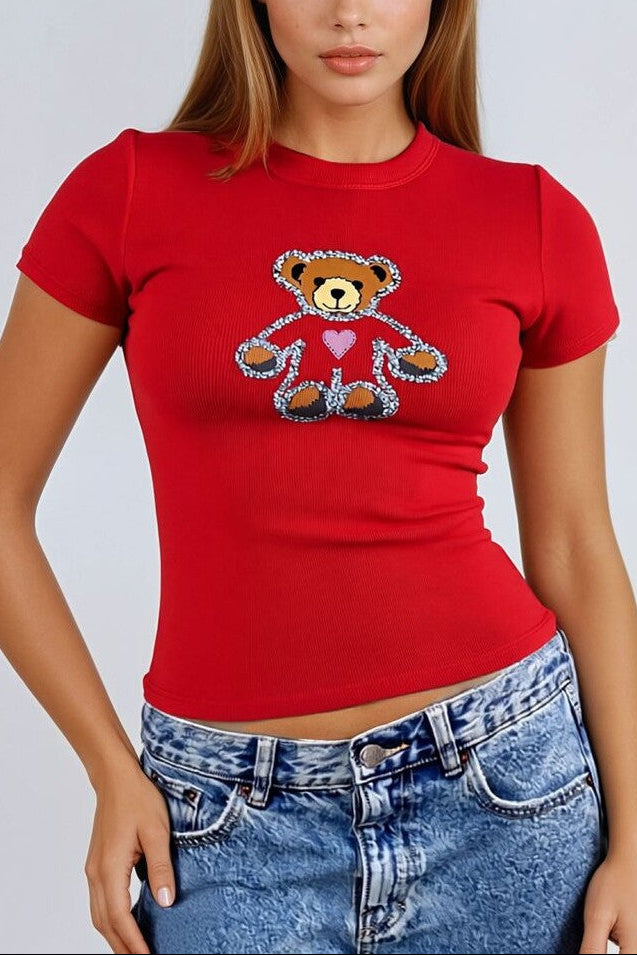Sequin Teddy Bear Graphic Baby Tee