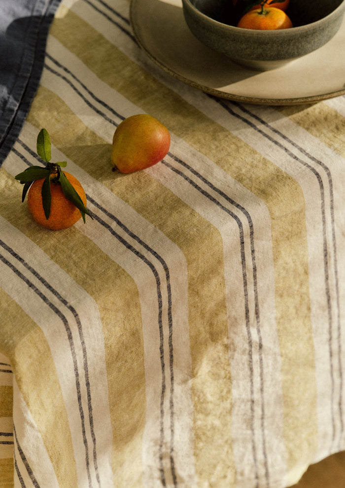 Sienna Stripe Linen Tablecloth | Washed Lime/Midnight Blue