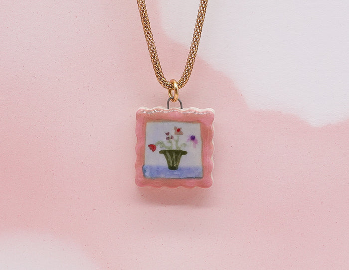 Small Flower Vase Painting Necklace