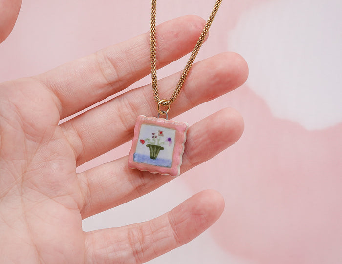Small Flower Vase Painting Necklace