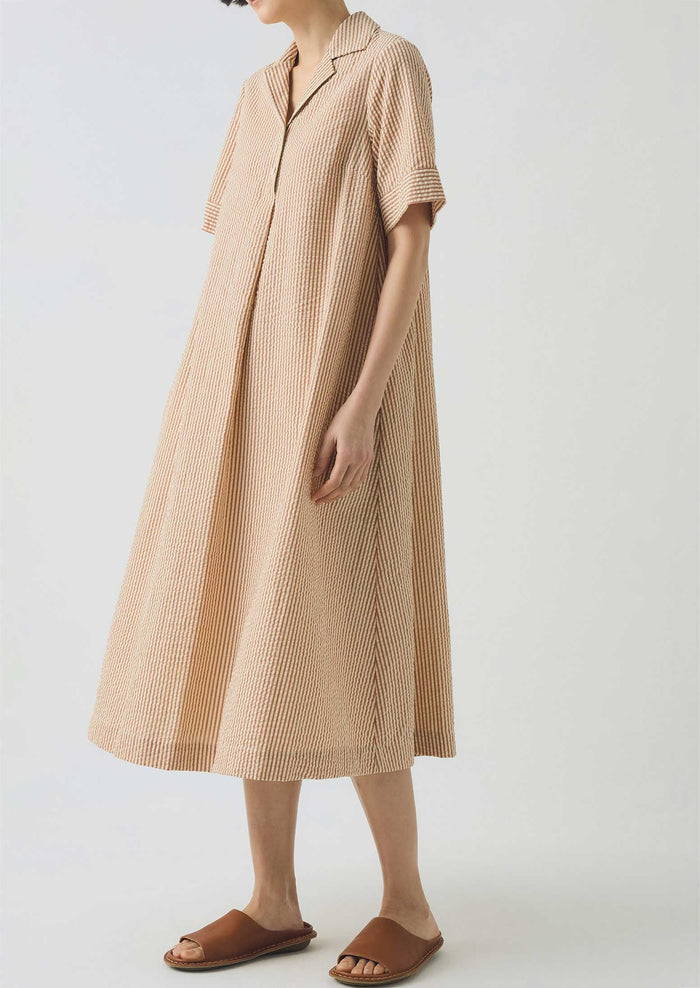 Stripe Cotton Seersucker Swing Dress | Terracotta/Ecru