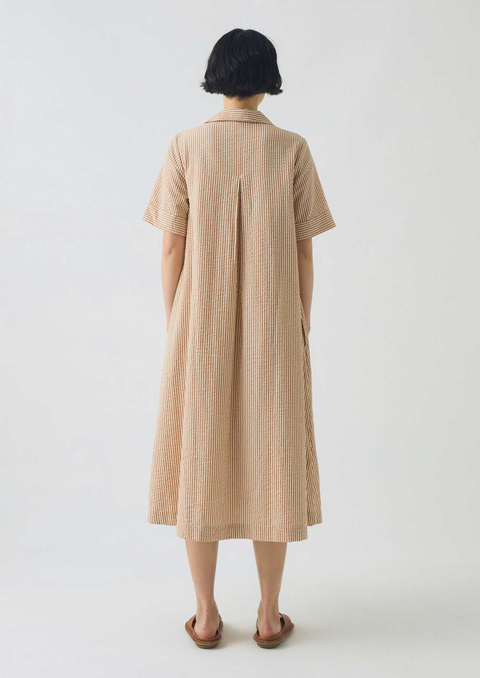 Stripe Cotton Seersucker Swing Dress | Terracotta/Ecru