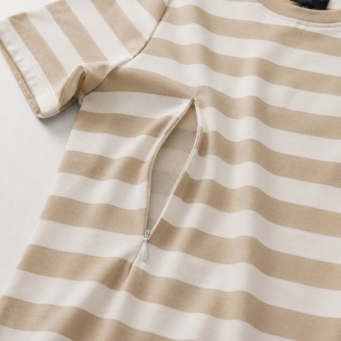 Striped Breastfeeding Dress Beige / White