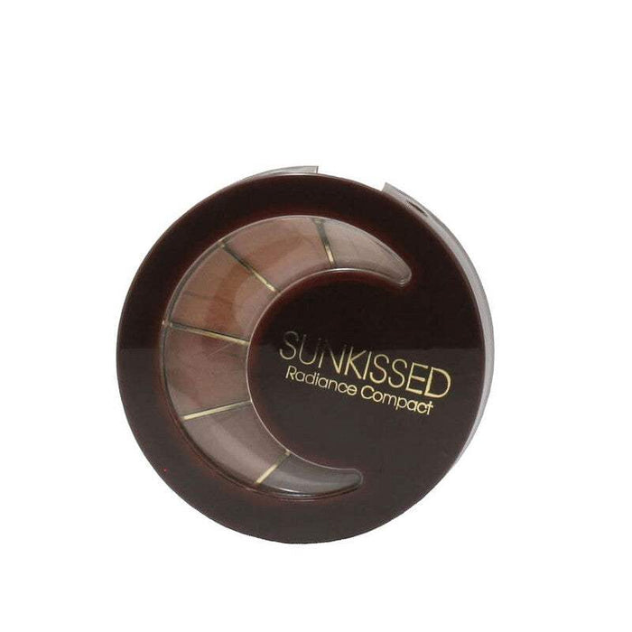 Sunkissed Radiance Compact makeup in a dark brown round case with a segmented tan pressed powder palette.