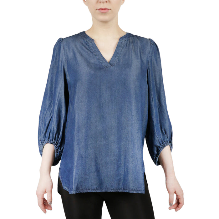 Tencel Enim Split Neck High Low Long Sleeve Blouse
