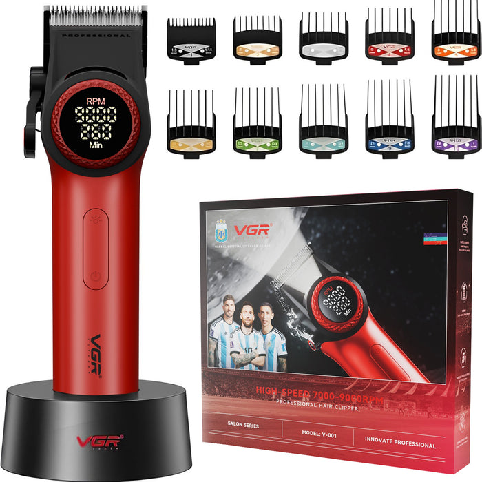 Red and black VGR cordless hair clipper shown on a black charging base, with multiple guide combs and the retail box displayed behind it on a white background.