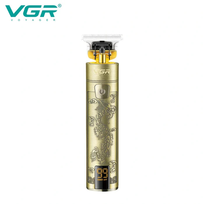 A VGR V-076 hair trimmer with a gold-colored metal body and digital LED display, featuring an ornate dragon design.
