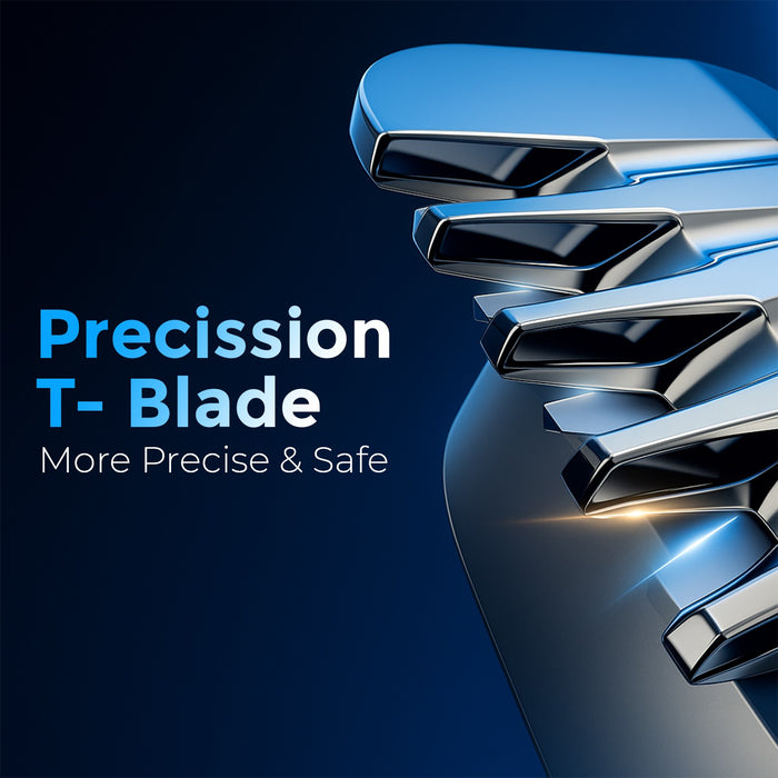 Chrome T-shaped blade with 'Precision T-Blade' text on a dark blue background VGR V-255 Hair Trimmer | IPX7 Waterproof Men’s Grooming