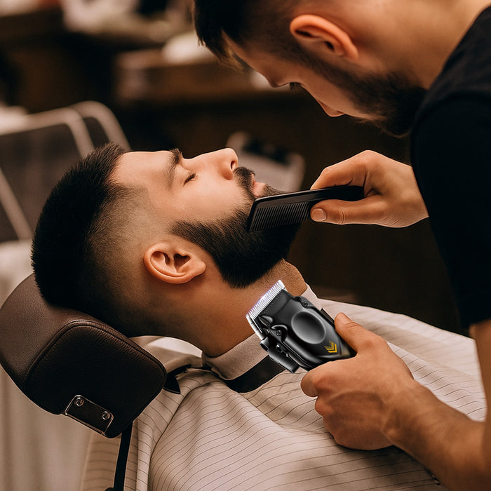 Barber using a comb and electric razor on a customer's head in a barbershop.