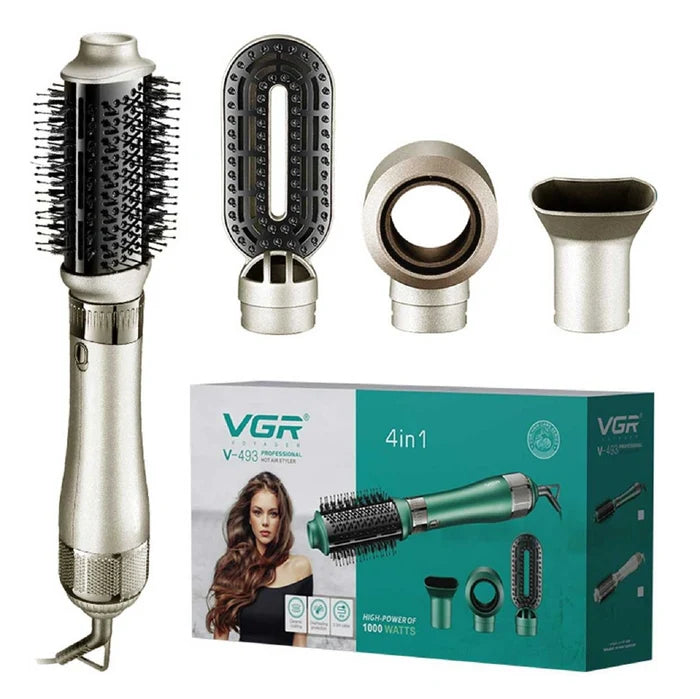 A set of VGR V-493 4-in-1 hot air styler for women including the main handle, a round brush, a straightening attachment, and a diffuser. The product is green and silver with black attachments, displayed alongside its packaging.