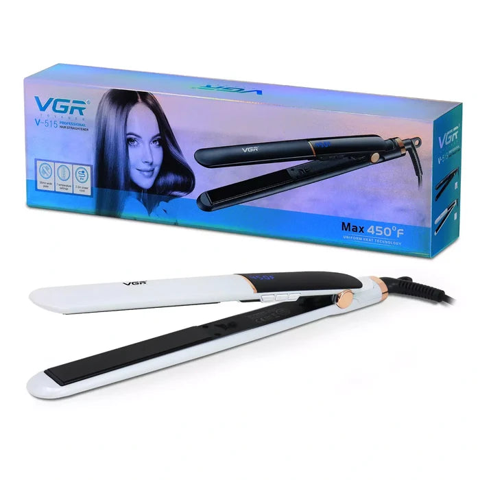 VGR V-515 Hair Straightener packaging box with the image of the straightener on it, alongside the straightener itself displayed outside the box.