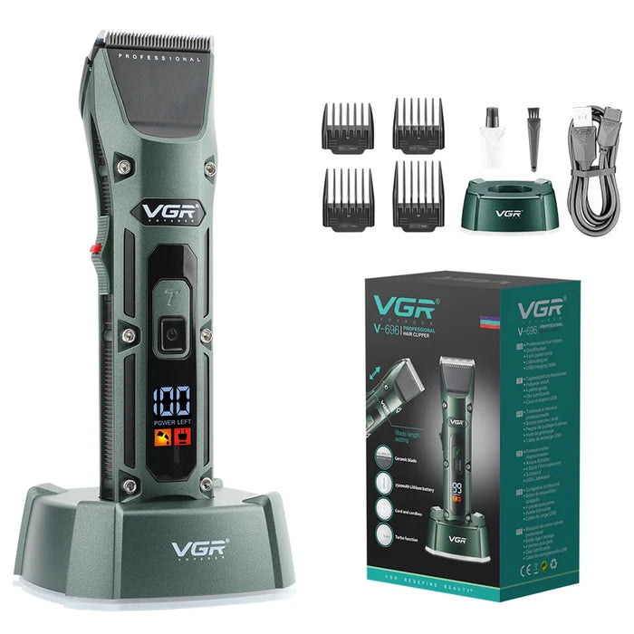 VGR V-696 Hair Clipper for Men in green color with various accessories including a USB charging cable, multiple attachment combs, and a cleaning brush, alongside the product packaging.