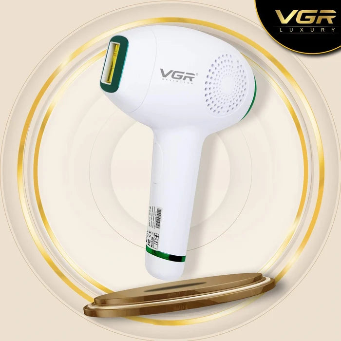 A professional hair removal laser machine with a white handle and green accents, branded VGR, with a gold and white design background.