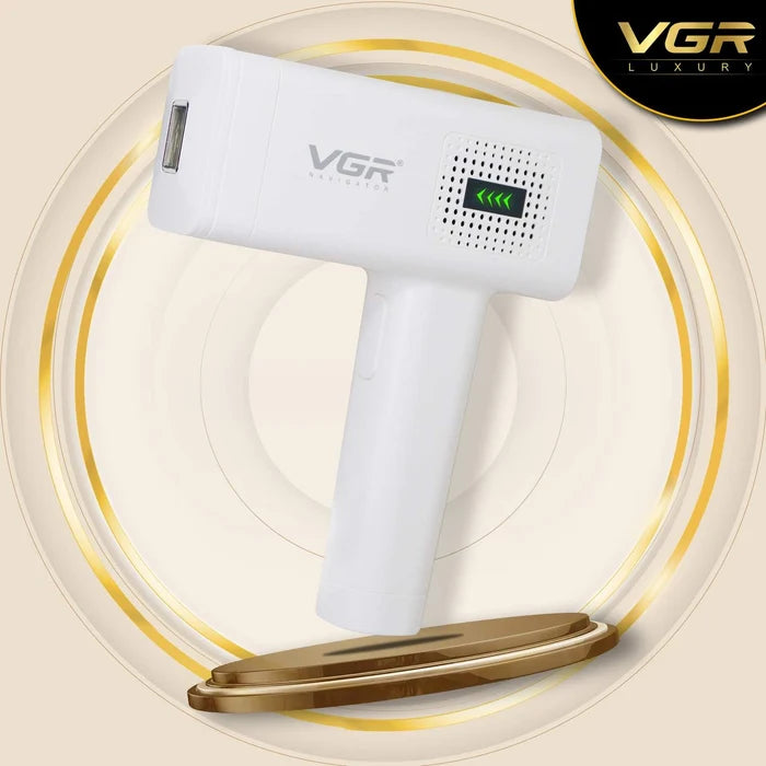 A professional hair removal laser machine from VGR, predominantly white in color, displayed against a circular golden and white patterned background.