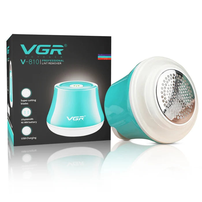 VGR V-810 Professional Rechargeable Lint Remover in blue color with a white handle, displayed alongside its packaging box.