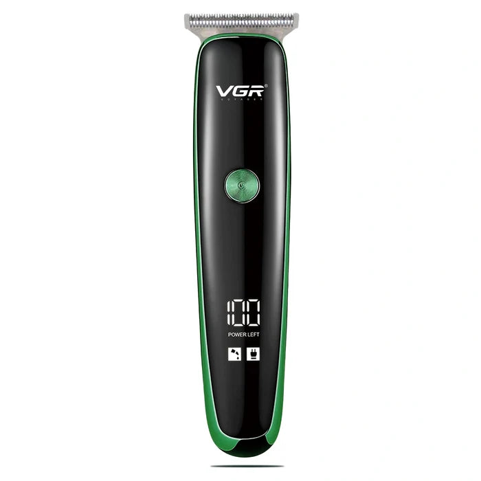 A VGR branded hair trimmer with a black and green color scheme, featuring a digital battery indicator on the front.