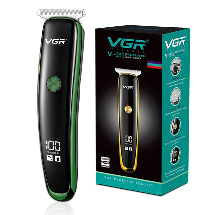 A VGR branded hair trimmer with a black and green color scheme, featuring a digital battery indicator on the front. V-966