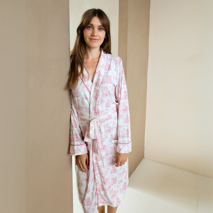 Women's Pink Toile de Jouy Bamboo Robe