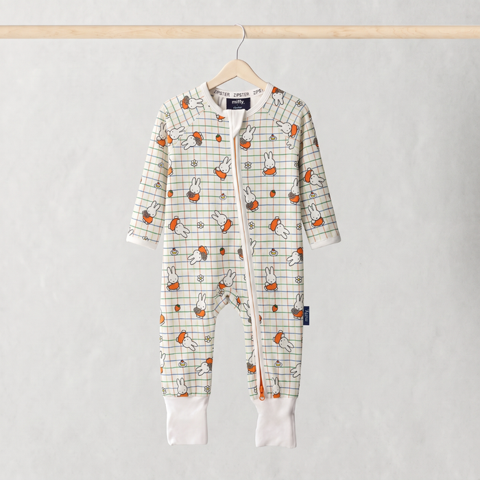 ZIPSTER x Miffy Checkered Bloom bamboo babygrow, front view