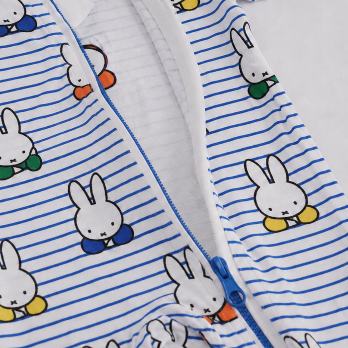 Two-way zip detail on the ZIPSTER x Miffy Peek-a-Boo Blue bamboo babygrow